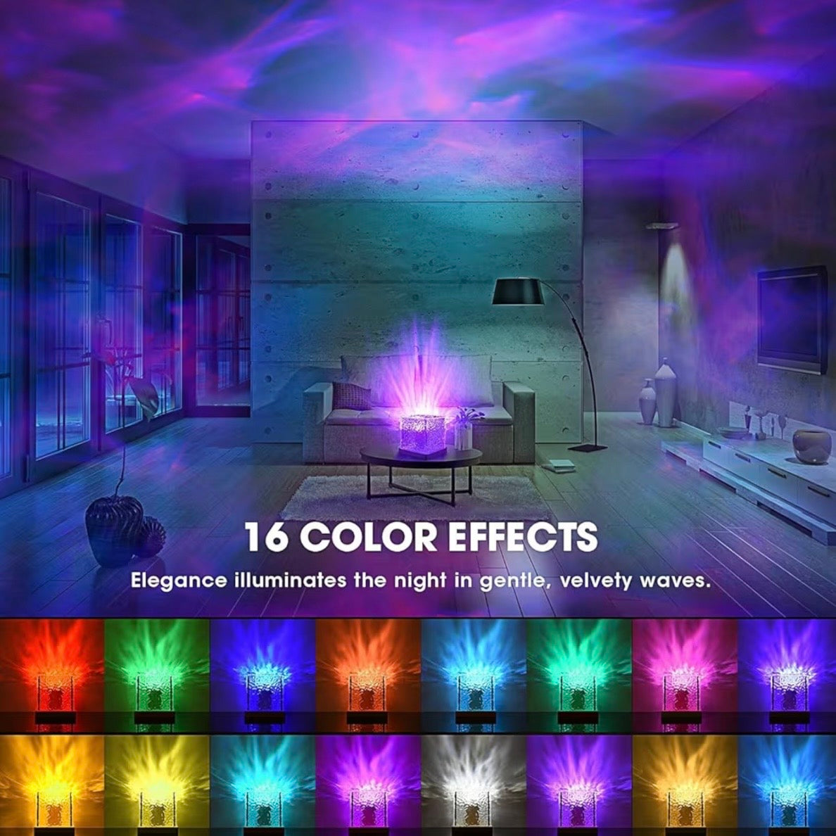 Ocean Wave LED Lamp – Rotating Water Ripple Projector, 16 Colors